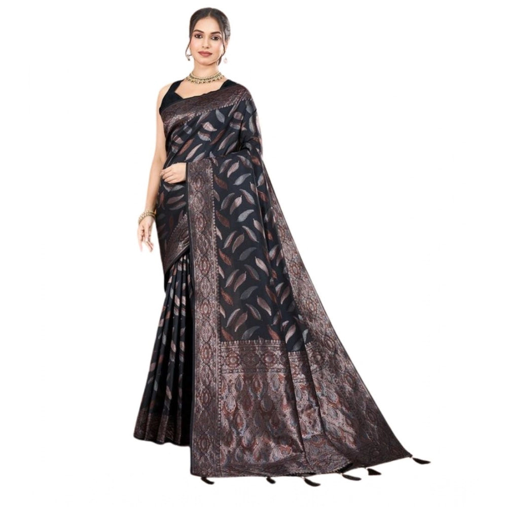 Amfyn Women's Soft Silk Jacquard Saree With Unstitched Blouse 5.5Mtr (Black)
