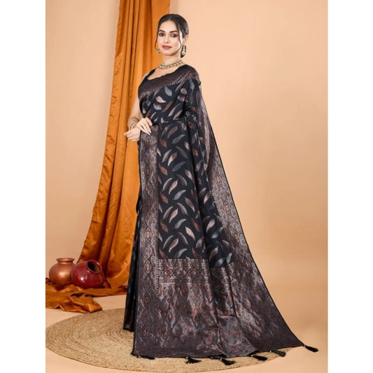 Amfyn Women's Soft Silk Jacquard Saree With Unstitched Blouse 5.5Mtr (Black)