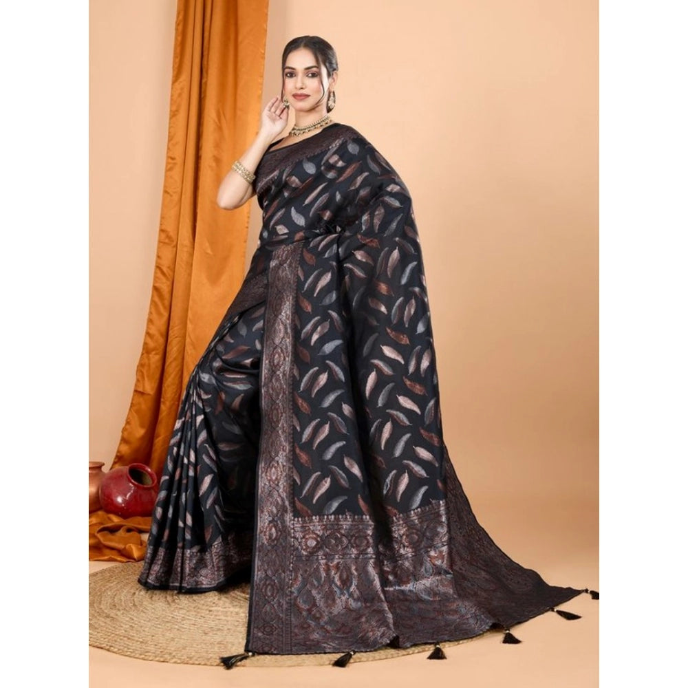 Amfyn Women's Soft Silk Jacquard Saree With Unstitched Blouse 5.5Mtr (Black)