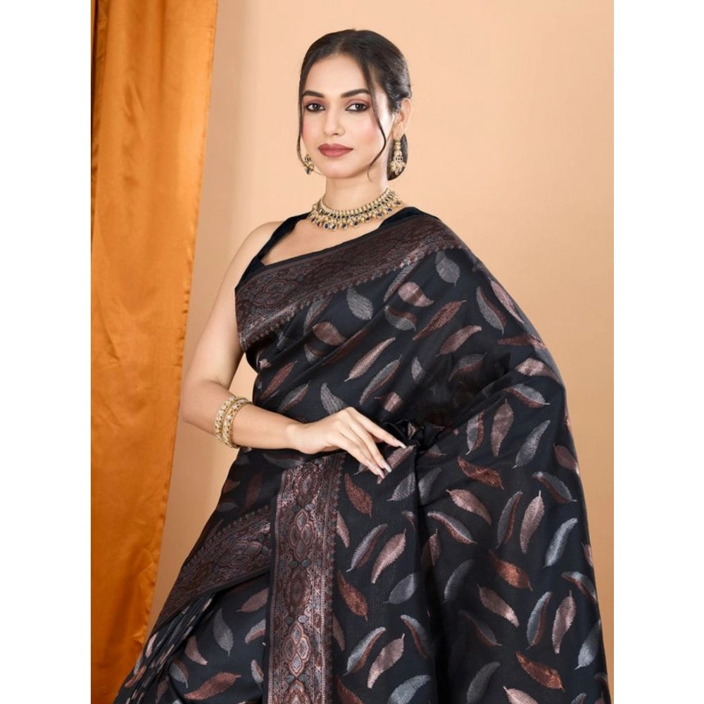 Amfyn Women's Soft Silk Jacquard Saree With Unstitched Blouse 5.5Mtr (Black)