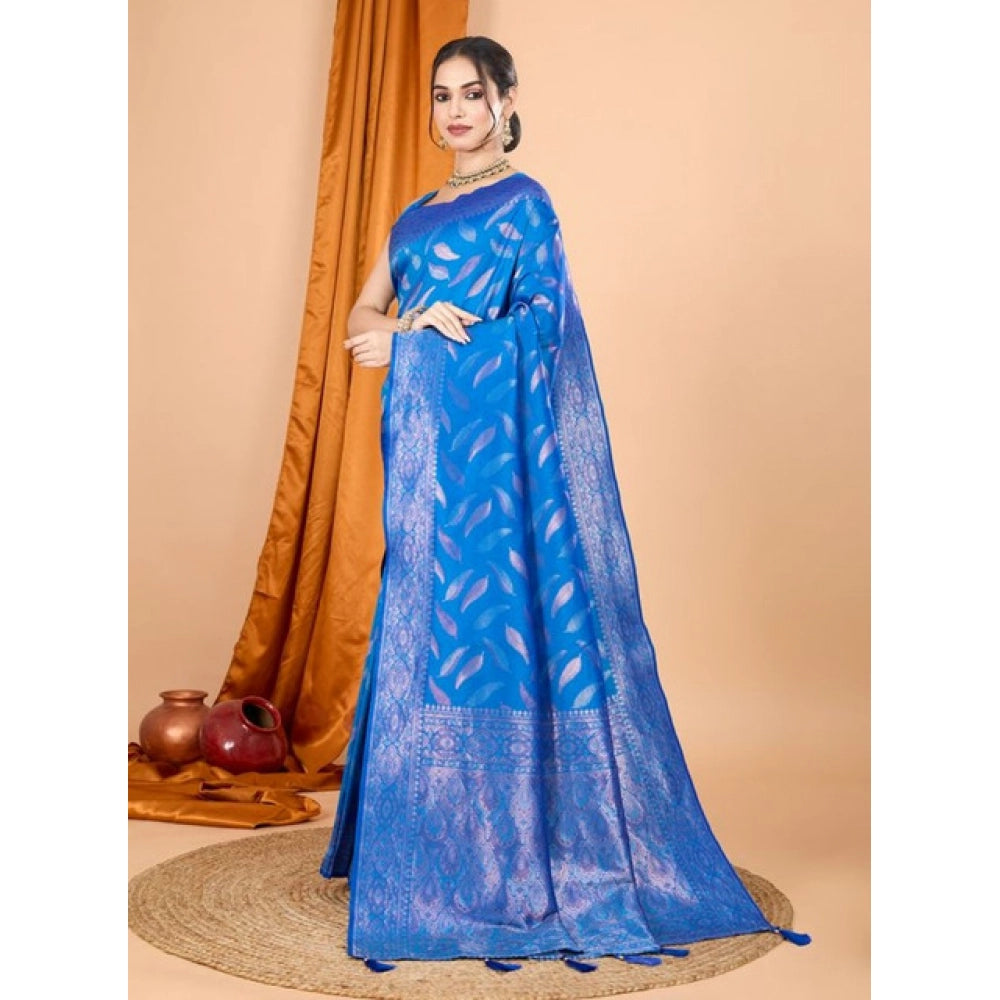 Amfyn Women's Soft Silk Jacquard Saree With Unstitched Blouse 5.5Mtr (Blue)
