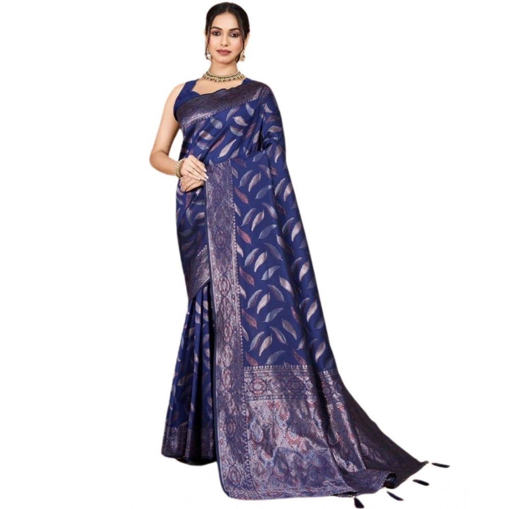 Amfyn Women's Soft Silk Jacquard Saree With Unstitched Blouse 5.5Mtr (Navy Blue)