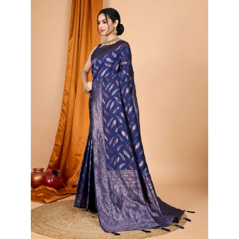 Amfyn Women's Soft Silk Jacquard Saree With Unstitched Blouse 5.5Mtr (Navy Blue)