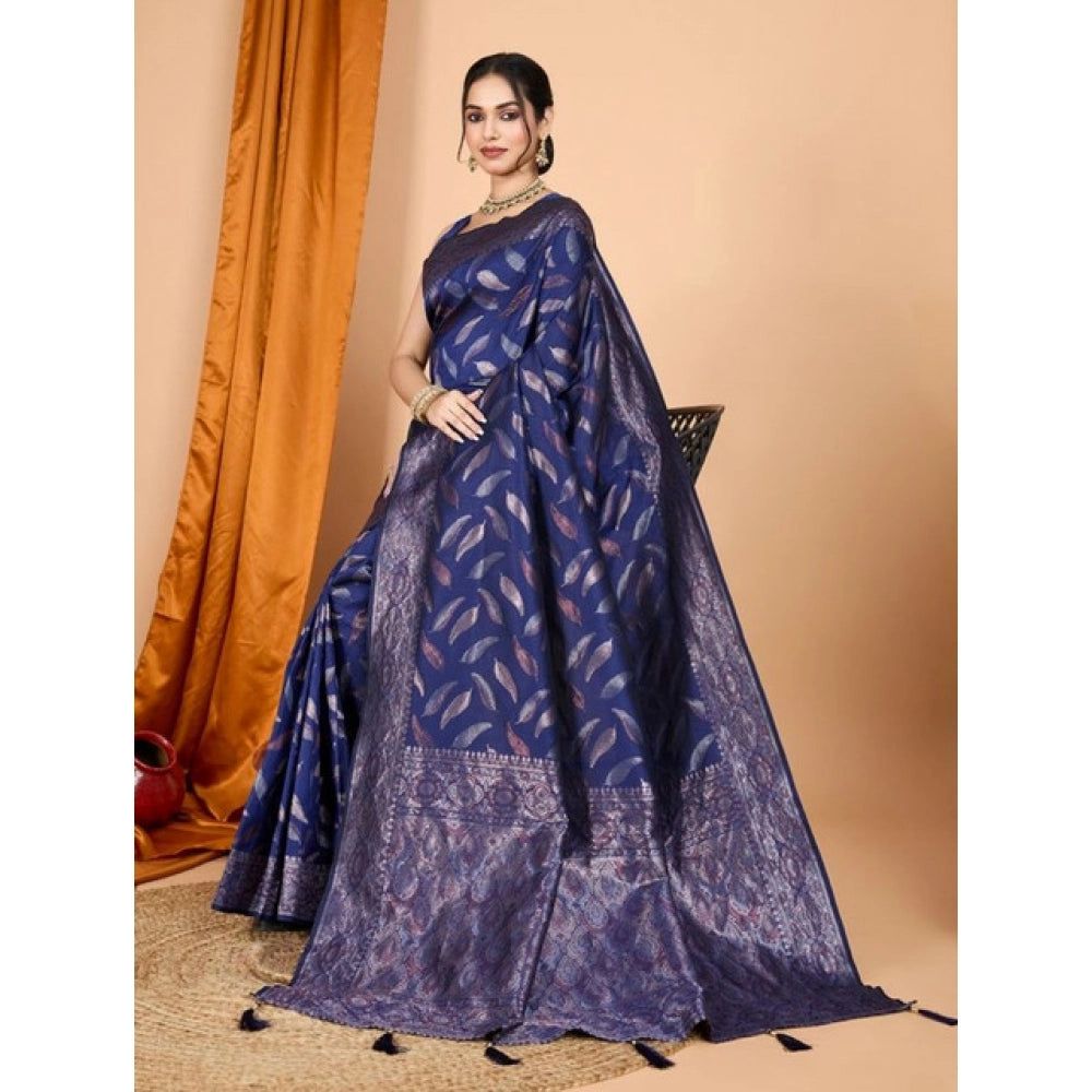 Amfyn Women's Soft Silk Jacquard Saree With Unstitched Blouse 5.5Mtr (Navy Blue)