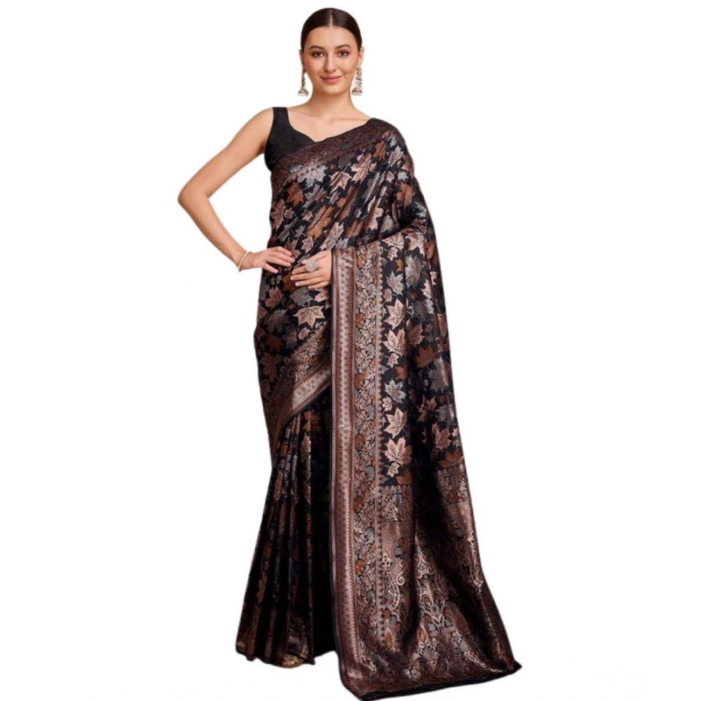 Amfyn Women's Soft Silk Jacquard Saree With Unstitched Blouse 5.5Mtr (Black)