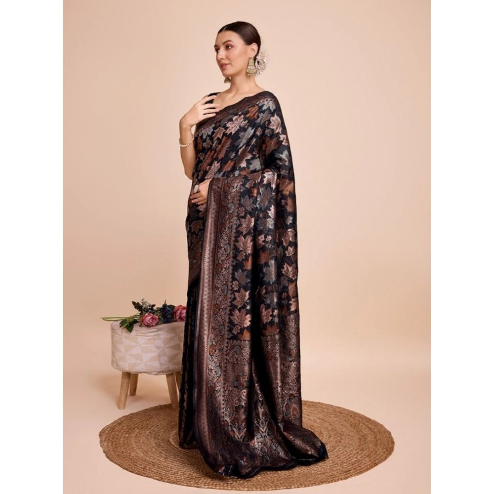 Amfyn Women's Soft Silk Jacquard Saree With Unstitched Blouse 5.5Mtr (Black)