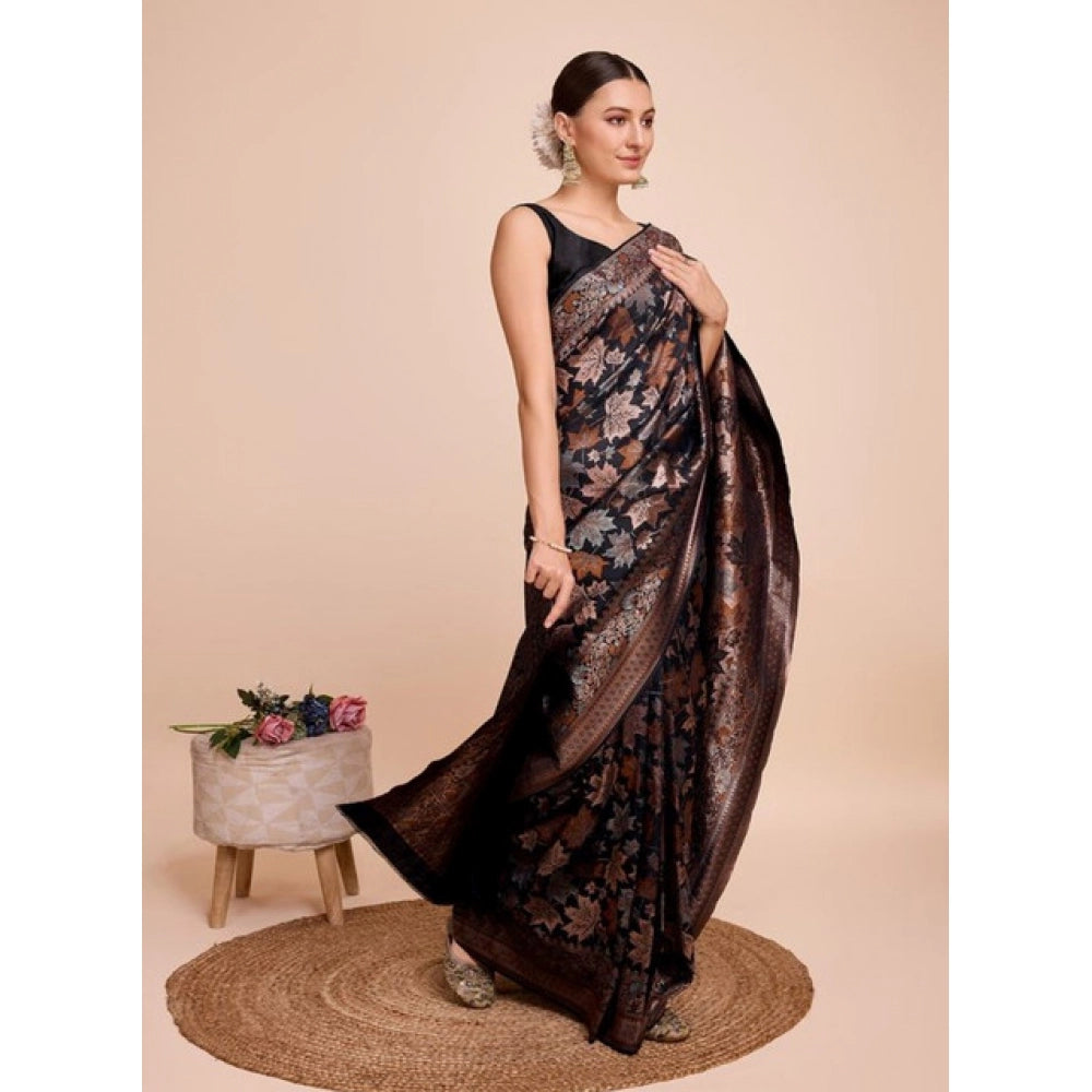 Amfyn Women's Soft Silk Jacquard Saree With Unstitched Blouse 5.5Mtr (Black)