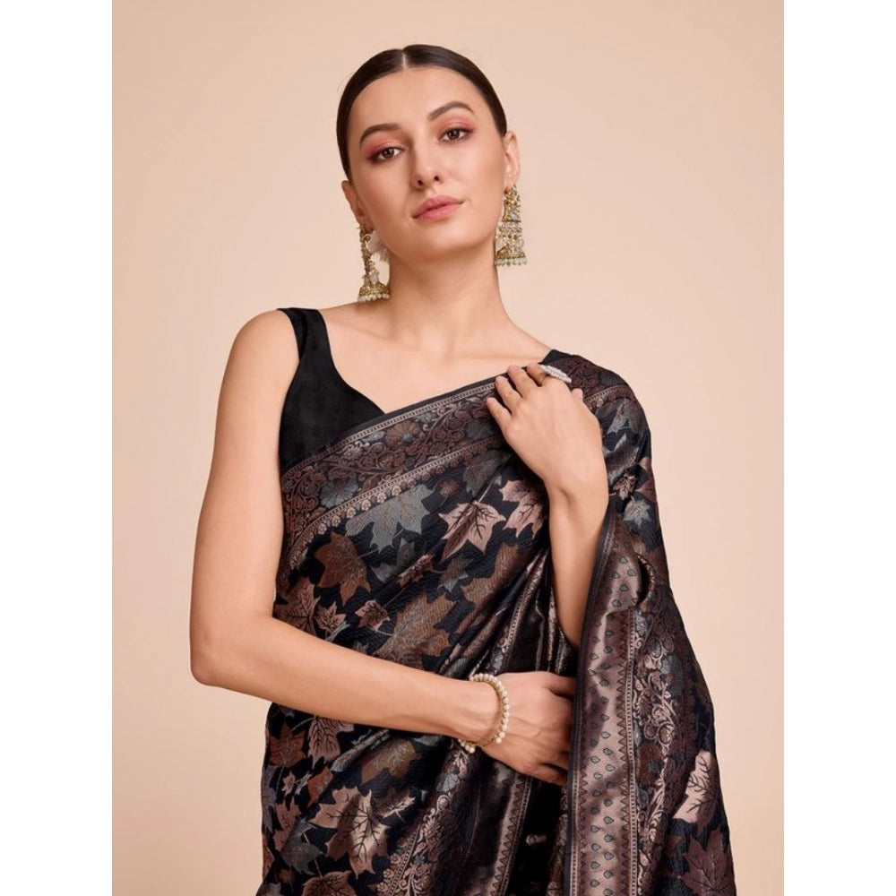 Amfyn Women's Soft Silk Jacquard Saree With Unstitched Blouse 5.5Mtr (Black)