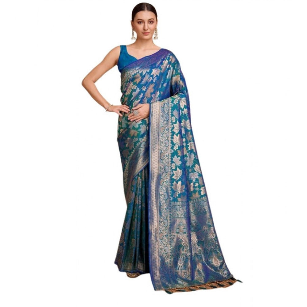 Amfyn Women's Soft Silk Jacquard Saree With Unstitched Blouse 5.5Mtr (Blue)