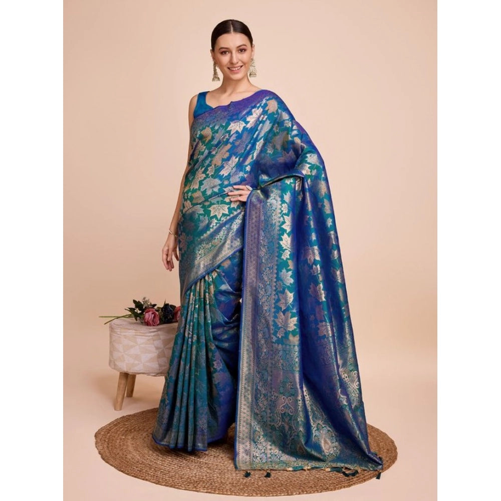 Amfyn Women's Soft Silk Jacquard Saree With Unstitched Blouse 5.5Mtr (Blue)