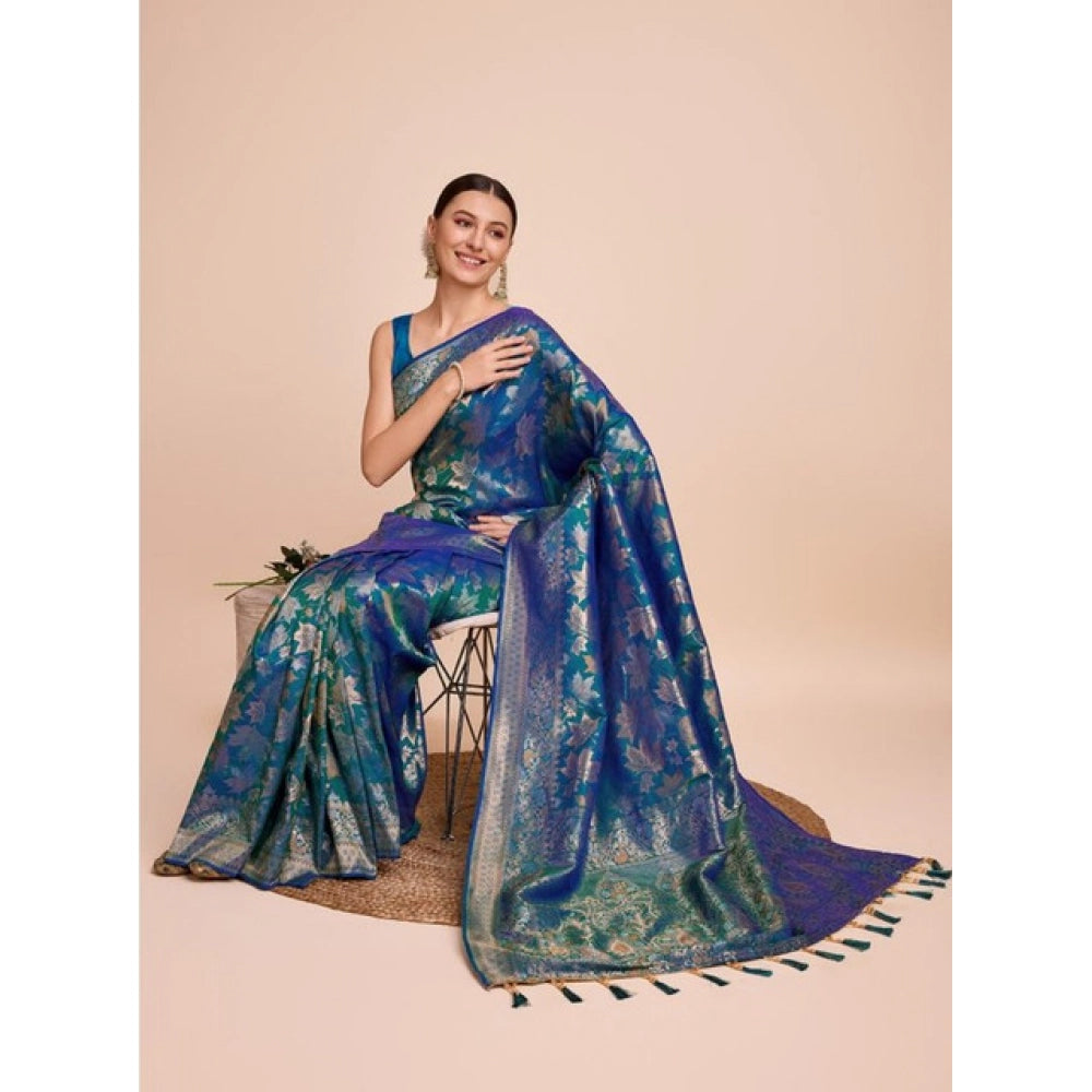 Amfyn Women's Soft Silk Jacquard Saree With Unstitched Blouse 5.5Mtr (Blue)