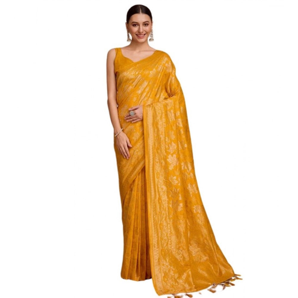 Amfyn Women's Soft Silk Jacquard Saree With Unstitched Blouse 5.5Mtr (Mustard)