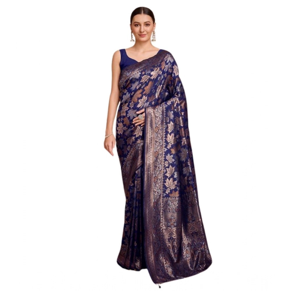 Amfyn Women's Soft Silk Jacquard Saree With Unstitched Blouse 5.5Mtr (Navy-Blue)