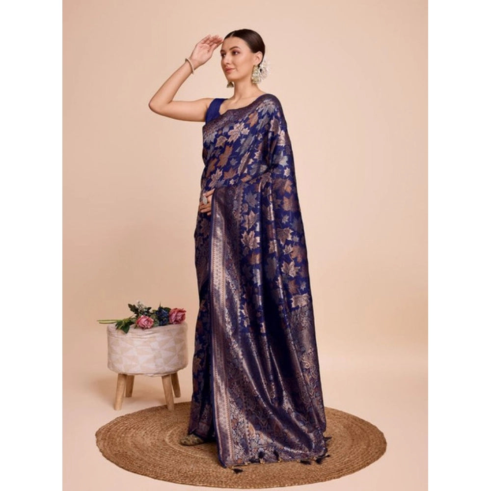 Amfyn Women's Soft Silk Jacquard Saree With Unstitched Blouse 5.5Mtr (Navy-Blue)