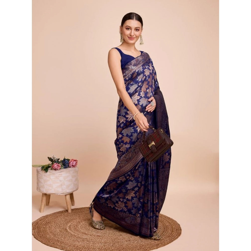 Amfyn Women's Soft Silk Jacquard Saree With Unstitched Blouse 5.5Mtr (Navy-Blue)