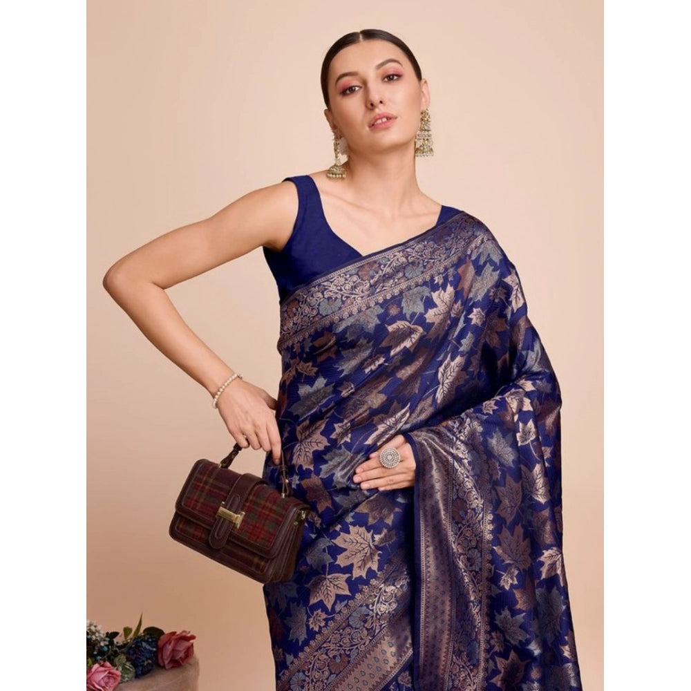 Amfyn Women's Soft Silk Jacquard Saree With Unstitched Blouse 5.5Mtr (Navy-Blue)