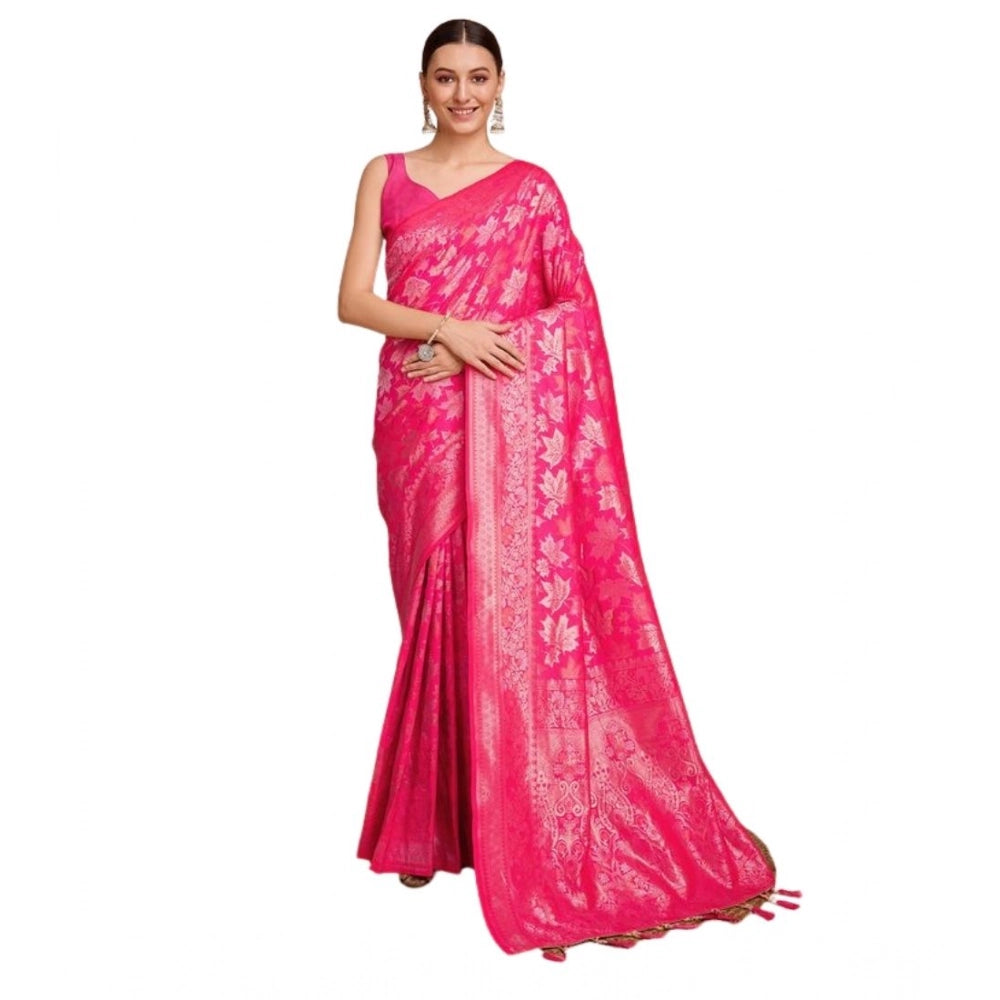 Amfyn Women's Soft Silk Jacquard Saree With Unstitched Blouse 5.5Mtr (Pink)