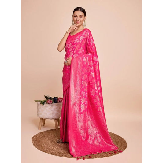 Amfyn Women's Soft Silk Jacquard Saree With Unstitched Blouse 5.5Mtr (Pink)