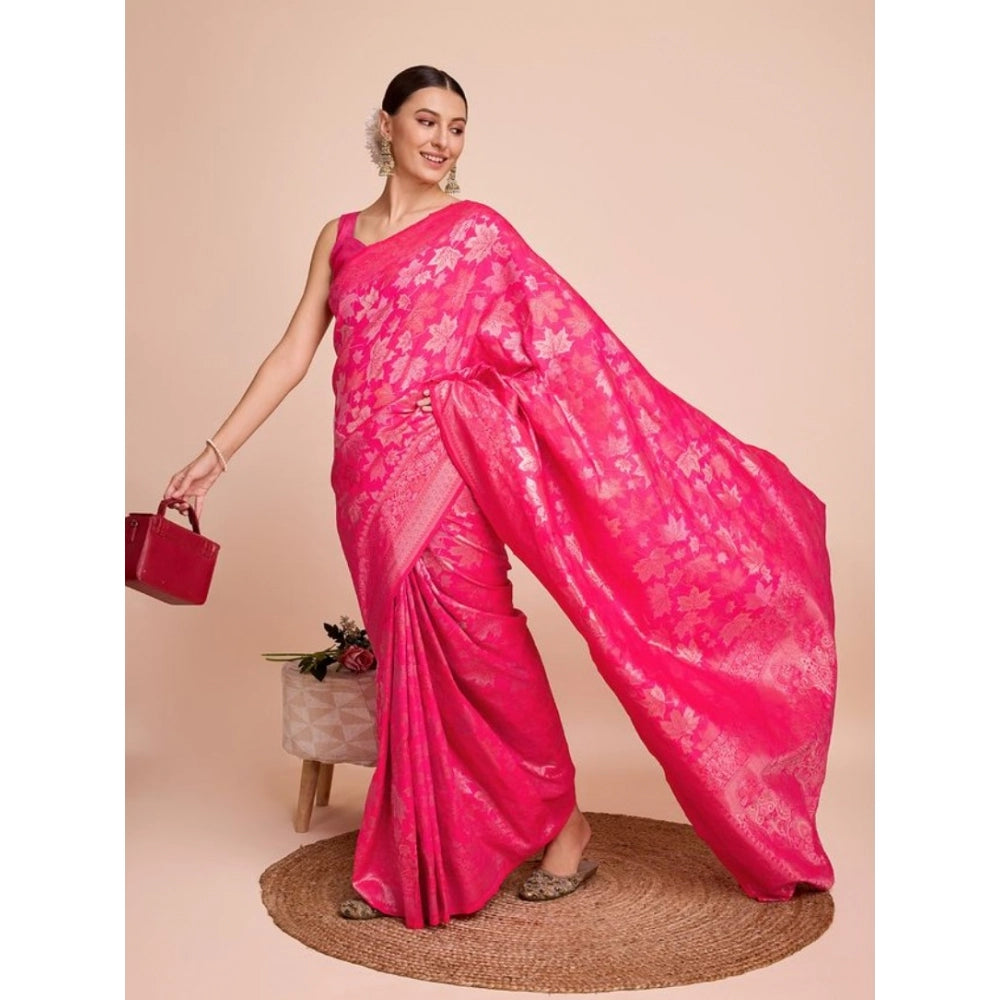 Amfyn Women's Soft Silk Jacquard Saree With Unstitched Blouse 5.5Mtr (Pink)