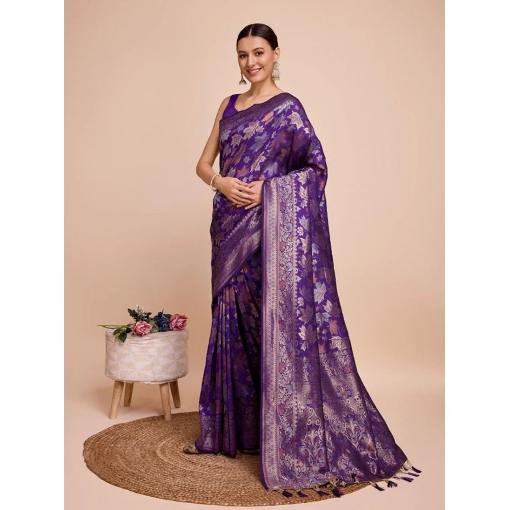 Amfyn Women's Soft Silk Jacquard Saree With Unstitched Blouse 5.5Mtr (Purple)