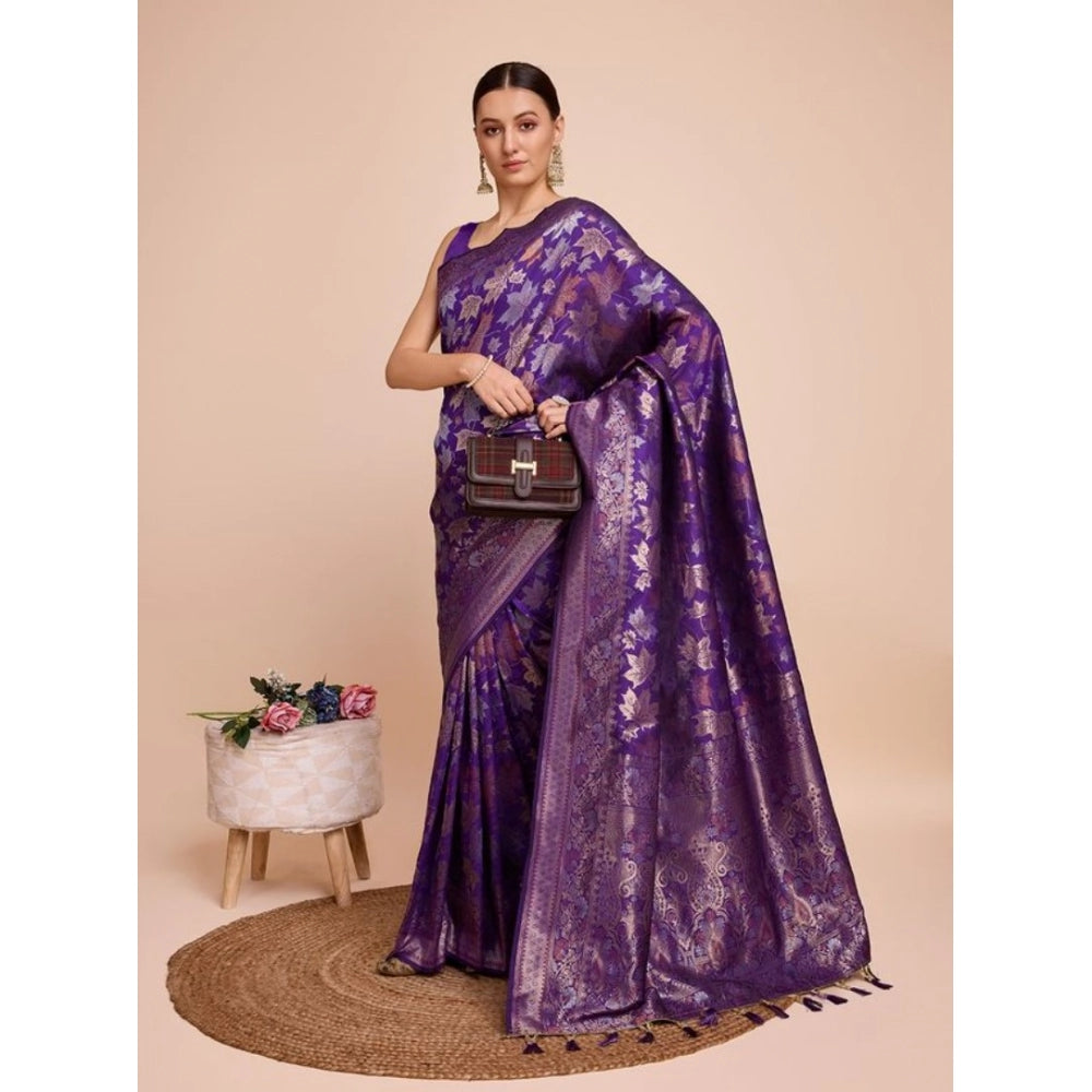 Amfyn Women's Soft Silk Jacquard Saree With Unstitched Blouse 5.5Mtr (Purple)