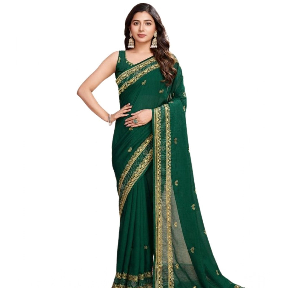 Amfyn Women's Vichitra Silk Embroidery Work Saree With Unstitched Blouse 5.5Mtr (Green)