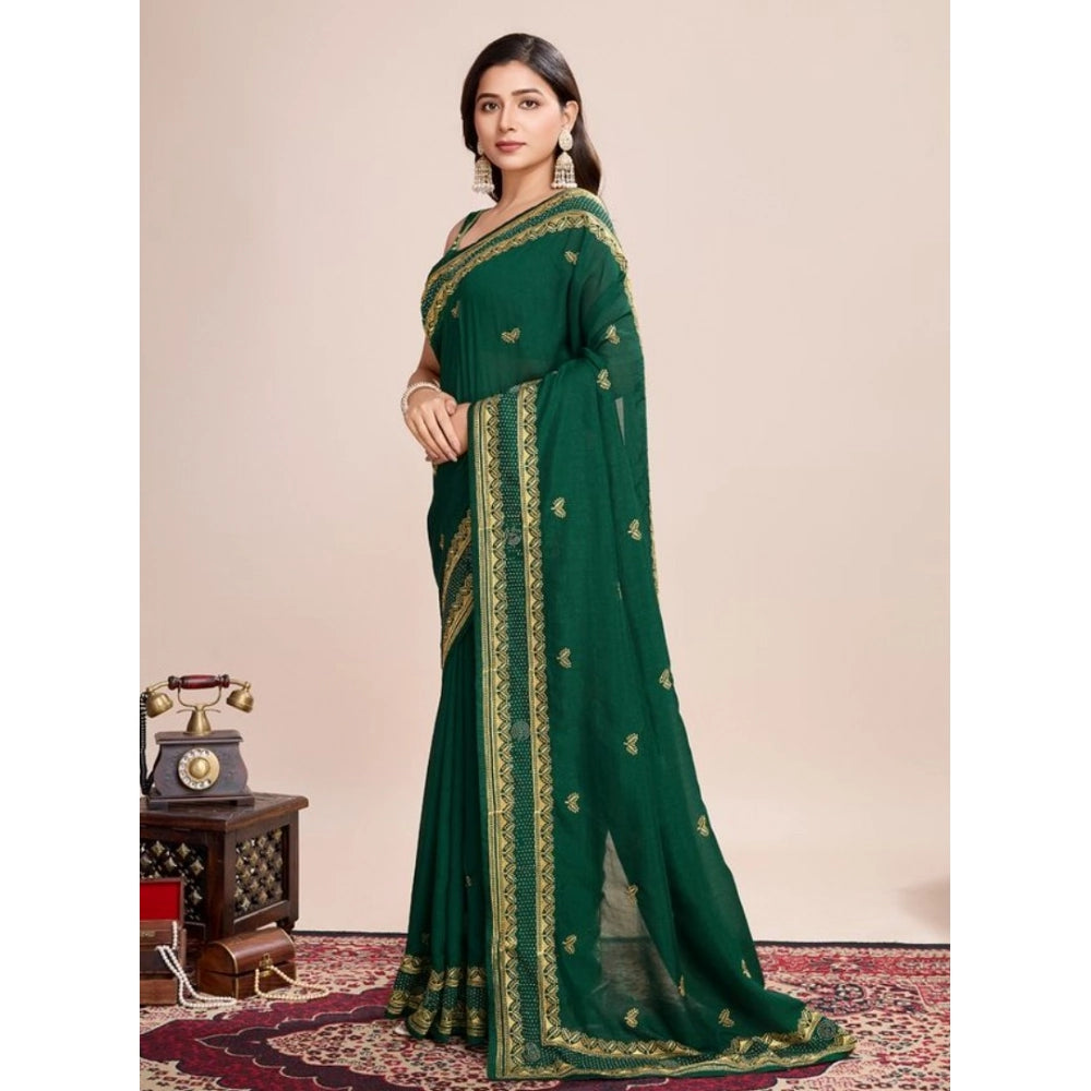 Amfyn Women's Vichitra Silk Embroidery Work Saree With Unstitched Blouse 5.5Mtr (Green)