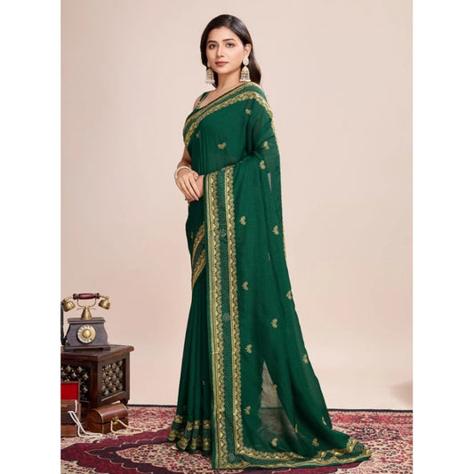 Amfyn Women's Vichitra Silk Embroidery Work Saree With Unstitched Blouse 5.5Mtr (Green)