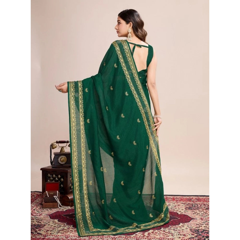Amfyn Women's Vichitra Silk Embroidery Work Saree With Unstitched Blouse 5.5Mtr (Green)