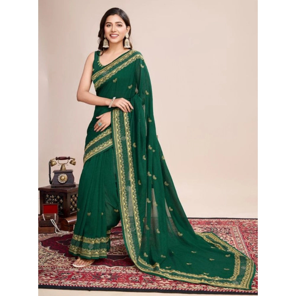 Amfyn Women's Vichitra Silk Embroidery Work Saree With Unstitched Blouse 5.5Mtr (Green)