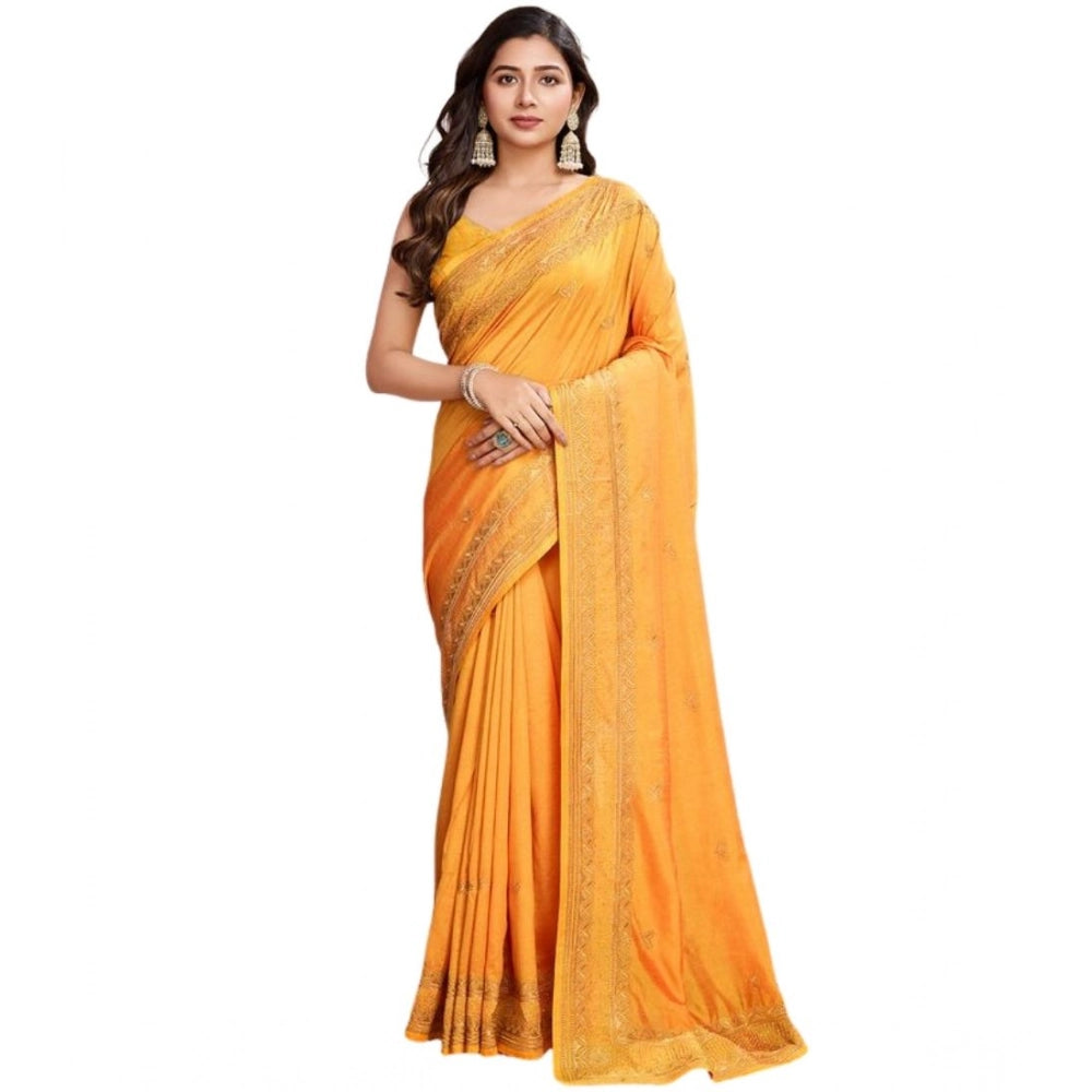 Amfyn Women's Vichitra Silk Embroidery Work Saree With Unstitched Blouse 5.5Mtr (Mustard)