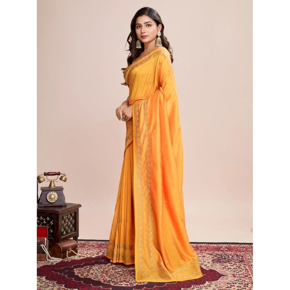 Amfyn Women's Vichitra Silk Embroidery Work Saree With Unstitched Blouse 5.5Mtr (Mustard)
