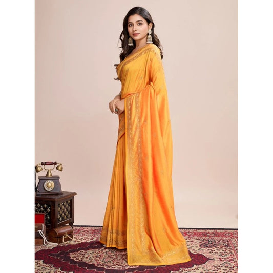 Amfyn Women's Vichitra Silk Embroidery Work Saree With Unstitched Blouse 5.5Mtr (Mustard)