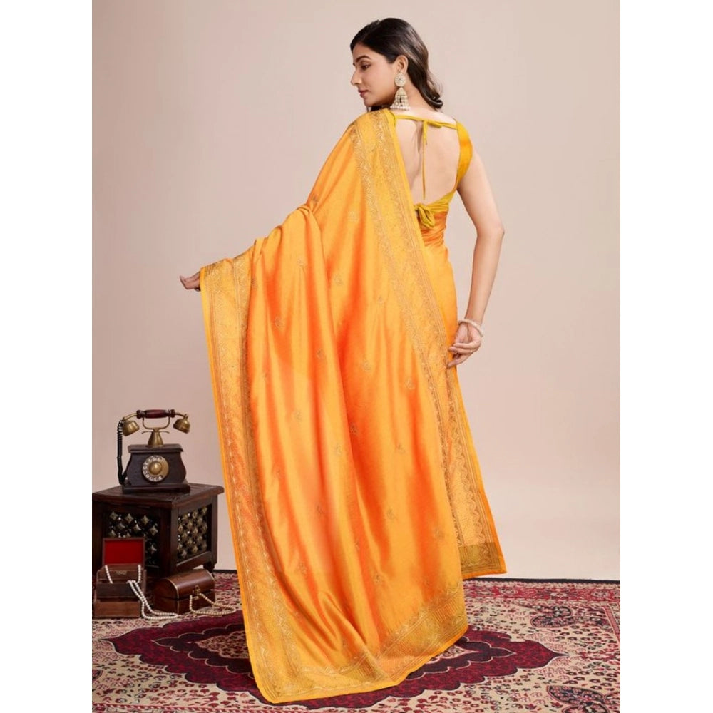 Amfyn Women's Vichitra Silk Embroidery Work Saree With Unstitched Blouse 5.5Mtr (Mustard)