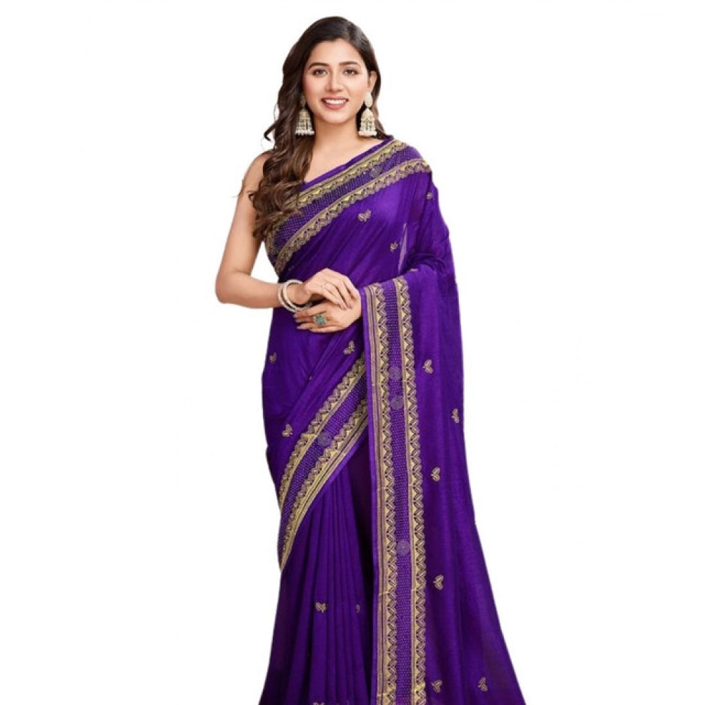 Amfyn Women's Vichitra Silk Embroidery Work Saree With Unstitched Blouse 5.5Mtr (Purple)
