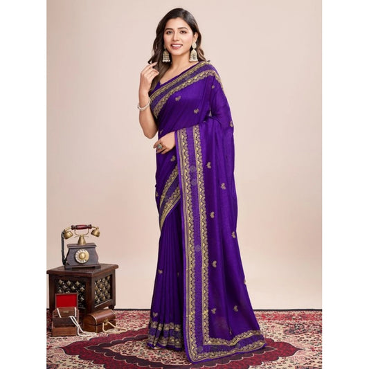 Amfyn Women's Vichitra Silk Embroidery Work Saree With Unstitched Blouse 5.5Mtr (Purple)