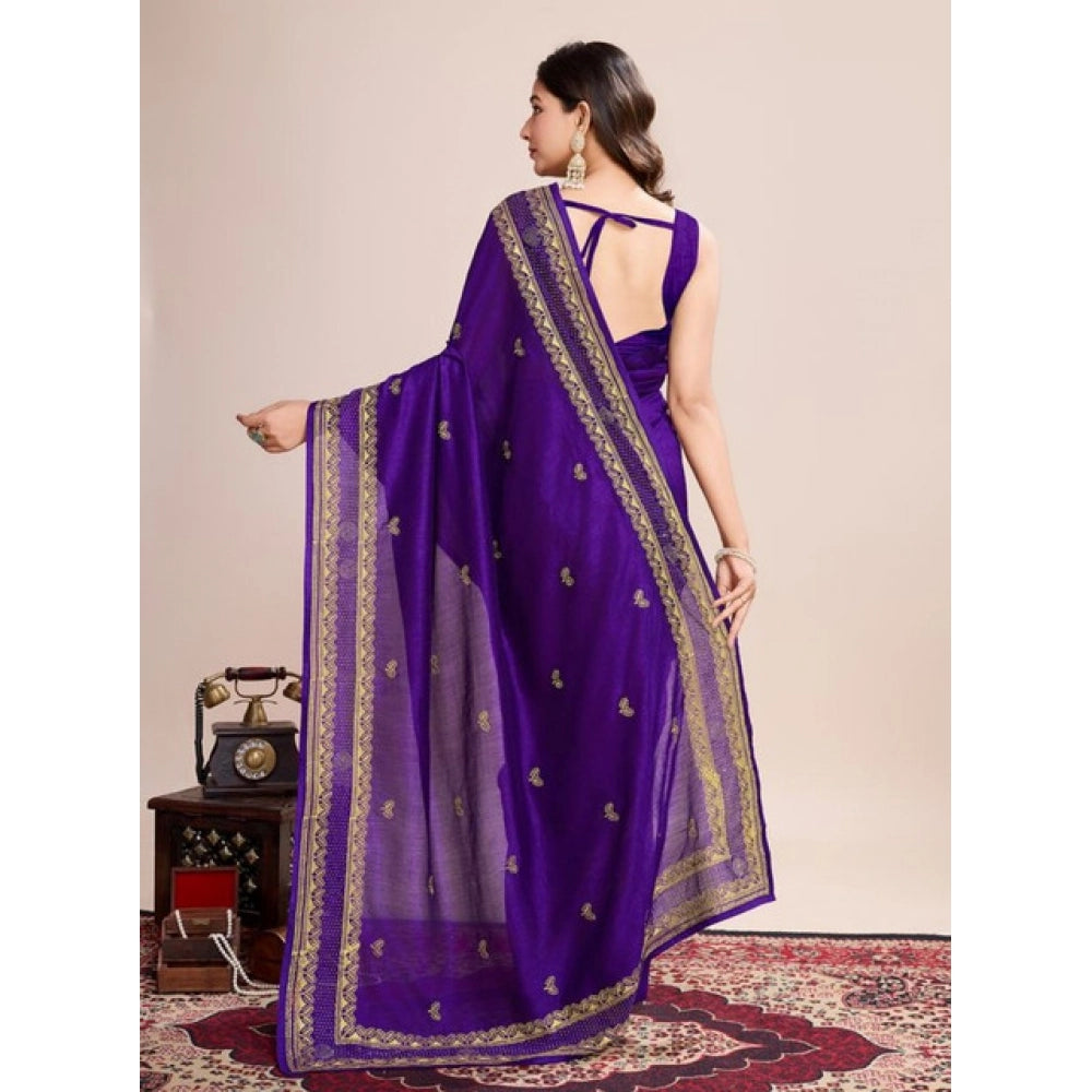 Amfyn Women's Vichitra Silk Embroidery Work Saree With Unstitched Blouse 5.5Mtr (Purple)