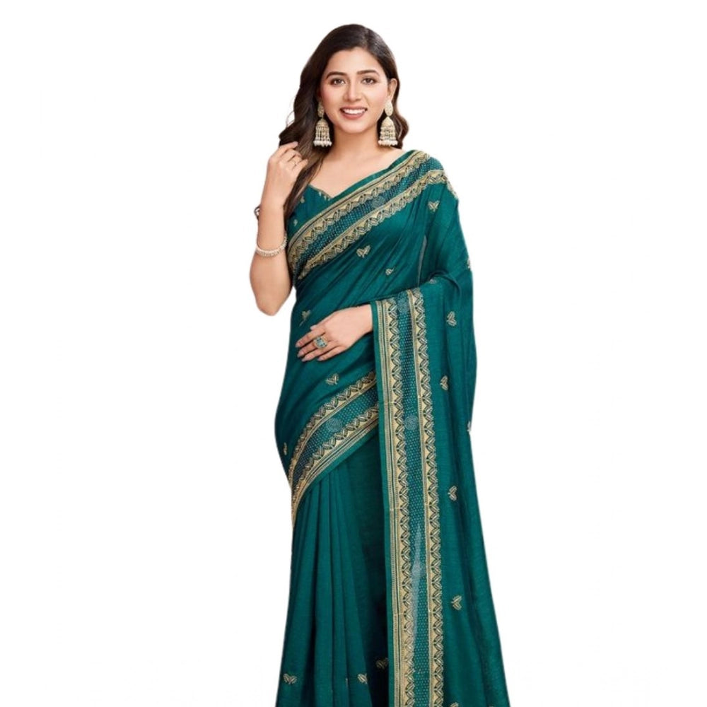 Amfyn Women's Vichitra Silk Embroidery Work Saree With Unstitched Blouse 5.5Mtr (Rama)