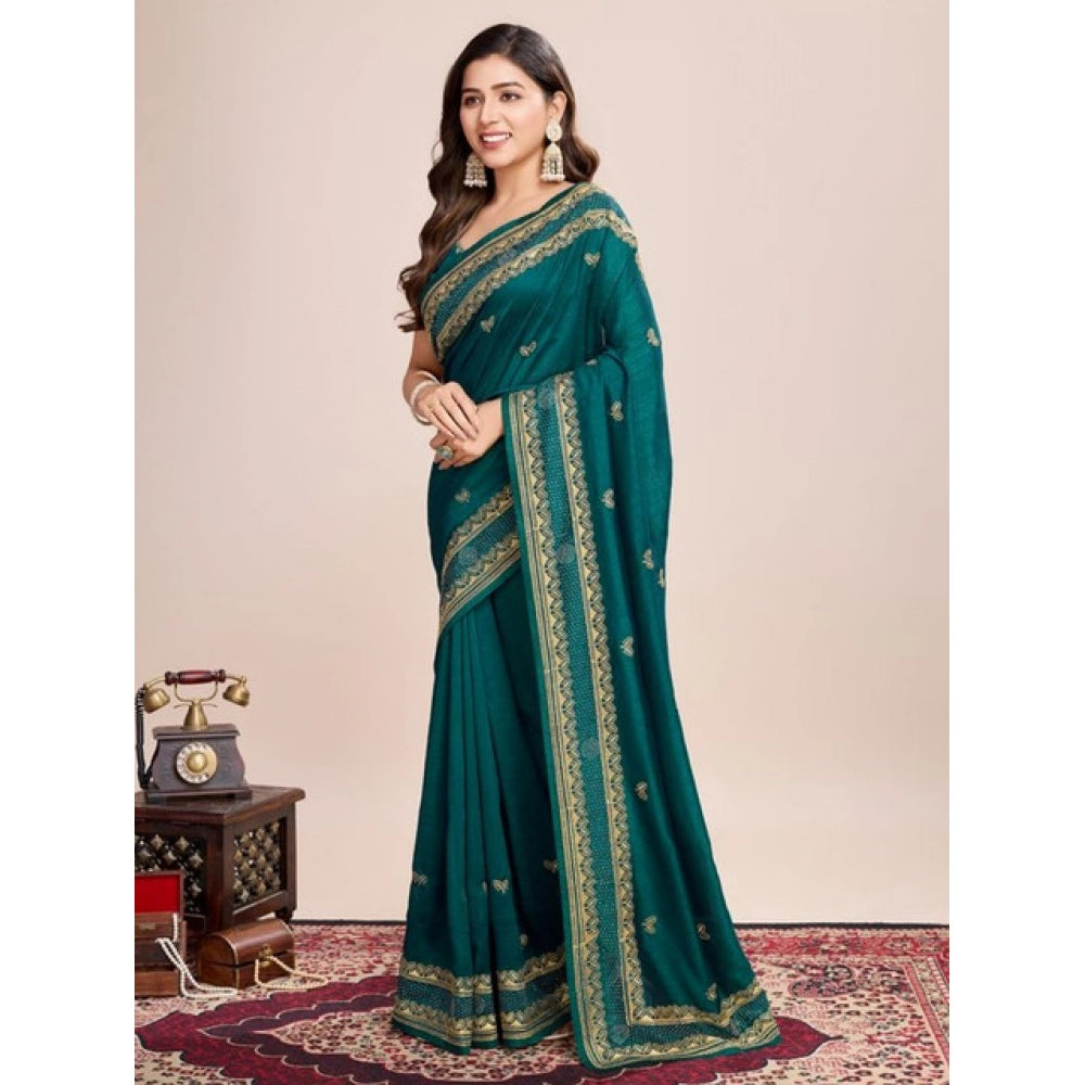 Amfyn Women's Vichitra Silk Embroidery Work Saree With Unstitched Blouse 5.5Mtr (Rama)