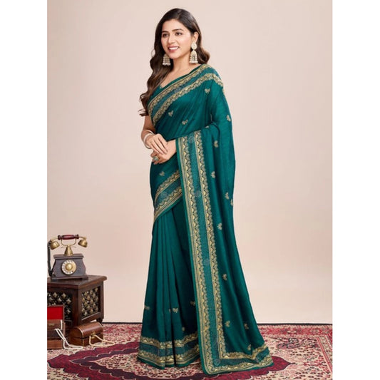 Amfyn Women's Vichitra Silk Embroidery Work Saree With Unstitched Blouse 5.5Mtr (Rama)