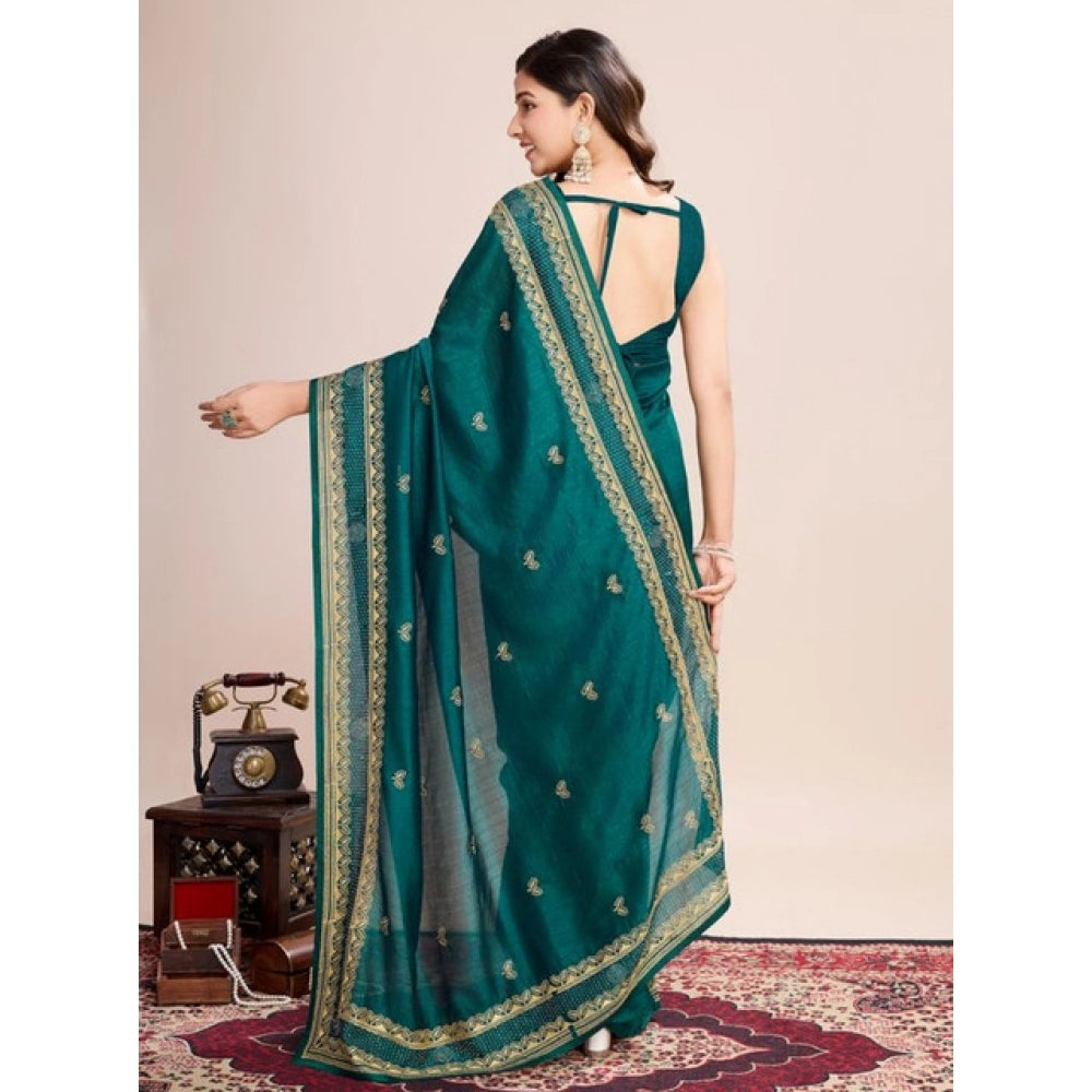 Amfyn Women's Vichitra Silk Embroidery Work Saree With Unstitched Blouse 5.5Mtr (Rama)
