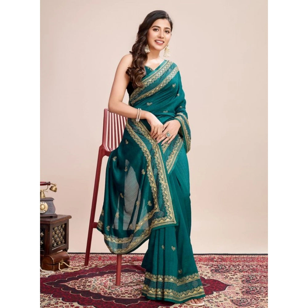 Amfyn Women's Vichitra Silk Embroidery Work Saree With Unstitched Blouse 5.5Mtr (Rama)
