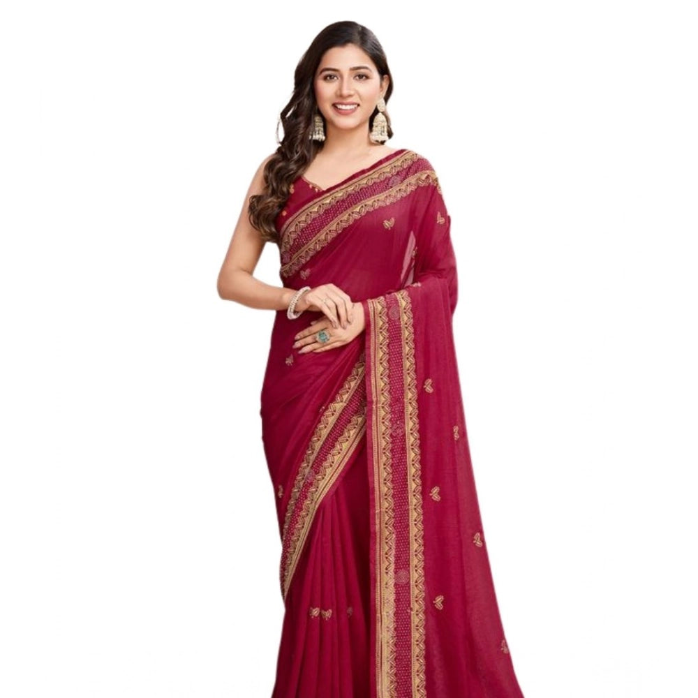 Amfyn Women's Vichitra Silk Embroidery Work Saree With Unstitched Blouse 5.5Mtr (Red)