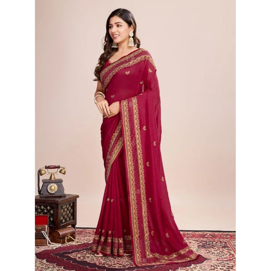 Amfyn Women's Vichitra Silk Embroidery Work Saree With Unstitched Blouse 5.5Mtr (Red)