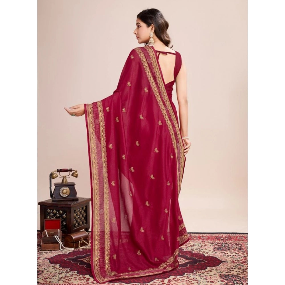 Amfyn Women's Vichitra Silk Embroidery Work Saree With Unstitched Blouse 5.5Mtr (Red)