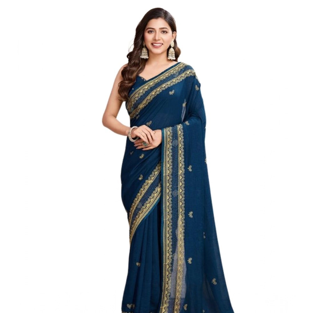 Amfyn Women's Vichitra Silk Embroidery Work Saree With Unstitched Blouse 5.5Mtr (Teal)