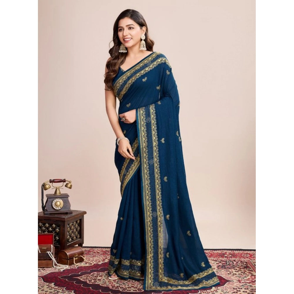 Amfyn Women's Vichitra Silk Embroidery Work Saree With Unstitched Blouse 5.5Mtr (Teal)