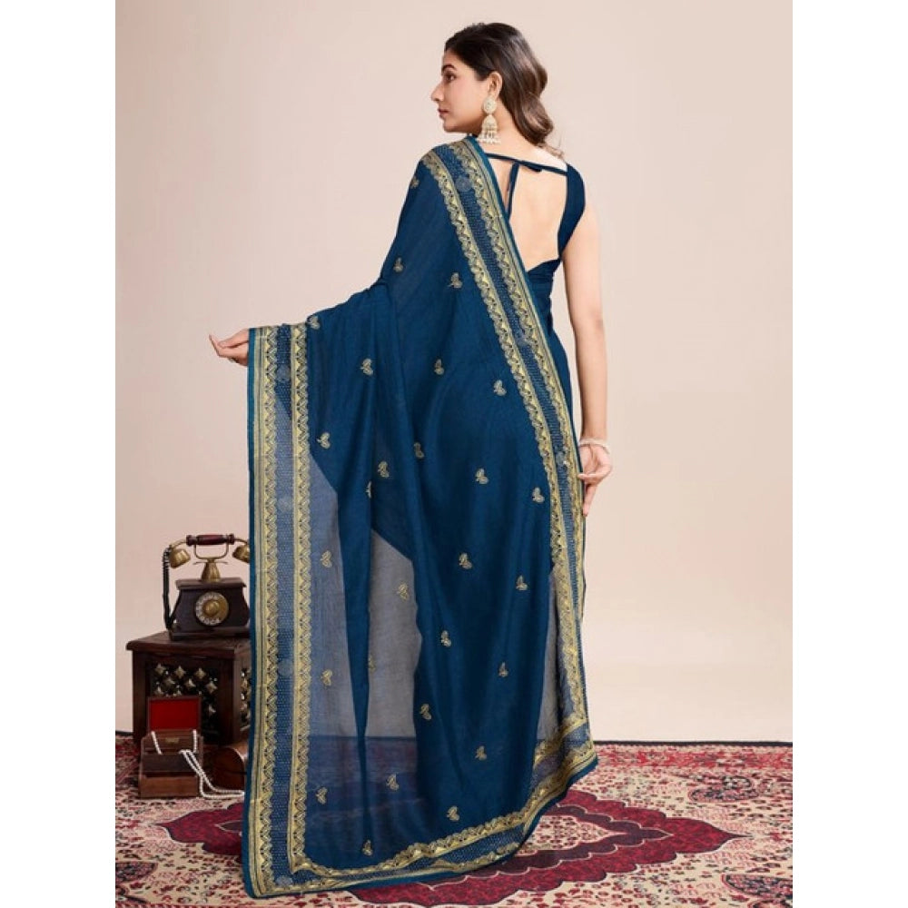 Amfyn Women's Vichitra Silk Embroidery Work Saree With Unstitched Blouse 5.5Mtr (Teal)