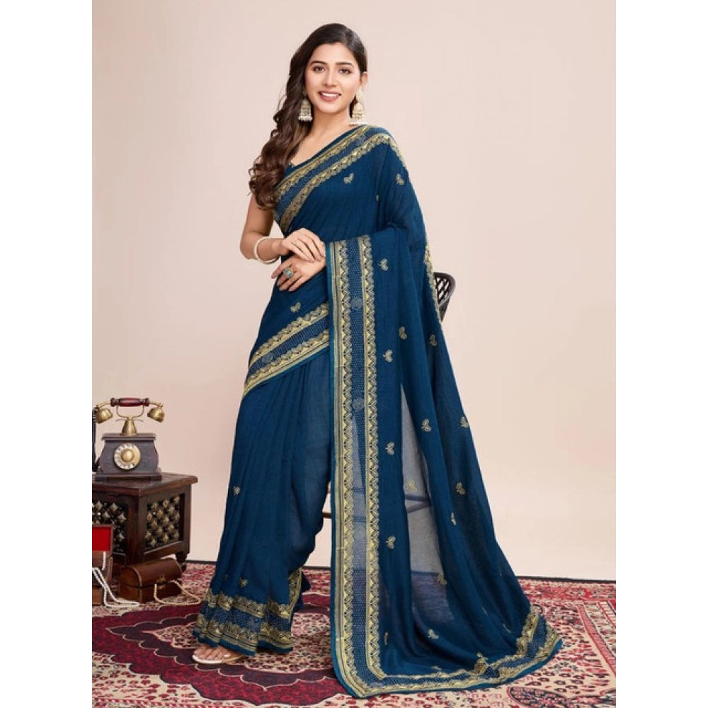 Amfyn Women's Vichitra Silk Embroidery Work Saree With Unstitched Blouse 5.5Mtr (Teal)