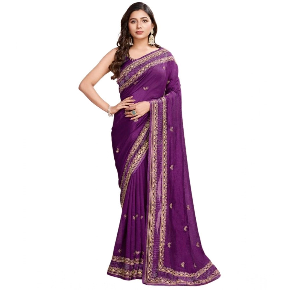 Amfyn Women's Vichitra Silk Embroidery Work Saree With Unstitched Blouse 5.5Mtr (Wine)